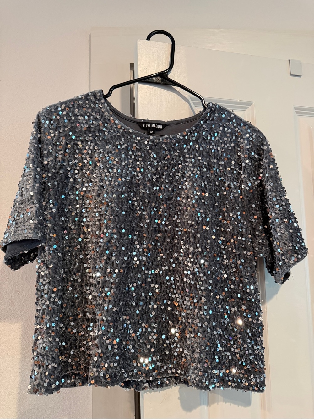 Steve Madden Silver Sequin Short Sleeve Tee